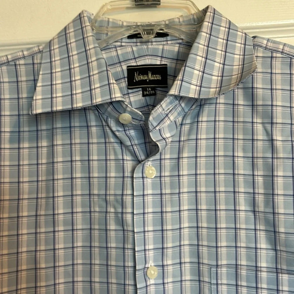 Neiman Marcus men’s blue plaid long sleeve button down shirt size 16 - Picture 2 of 8
